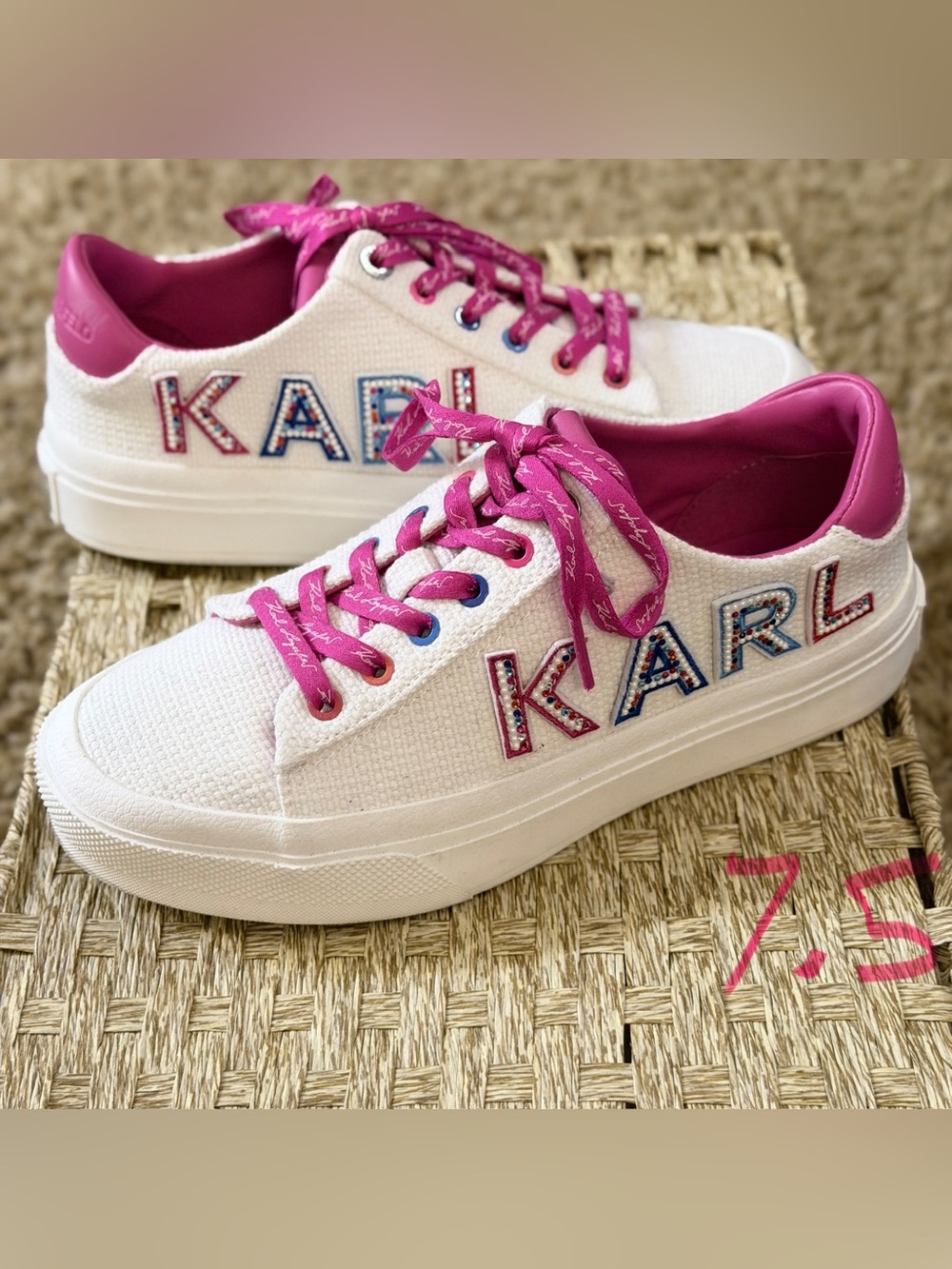 Karl Lagerfeld White Sneakers with Hot Pink Trim and Blue Accent
